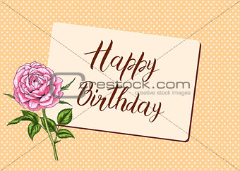 Happy Birthday calligraphy letters with rose flower. Bright postcard. Festive typography vector design for greeting cards
