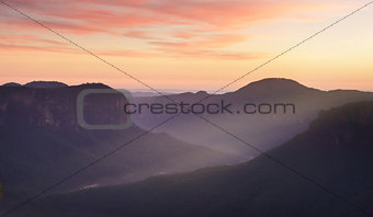 Blue Mountains and dawn red skies
