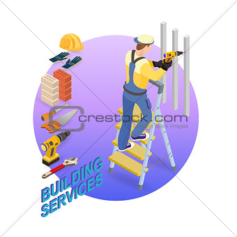 Home repair isometric template. Repairer and tools.