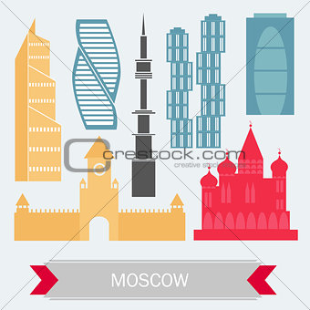 Moscow Russia - Color Buildings icon set. Vector. Travel and Tourism