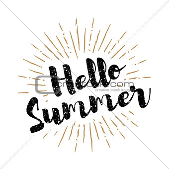 Hello Summer lettering with sunbursts vector background