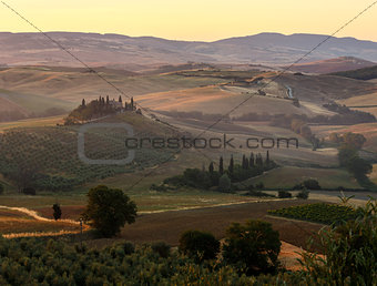 Tuscany sunrise countryside, Italy