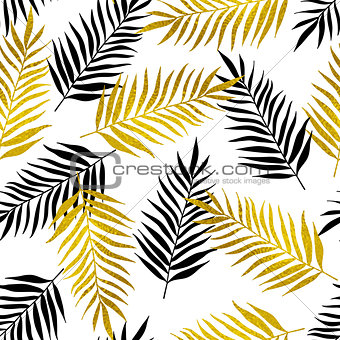 Pattern with black and golden palm leaves