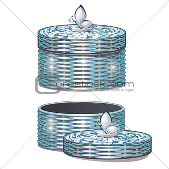 Set of round wicker baskets with lids. Vector illustration.