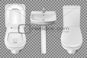 Bathroom interior toilet and washbasin realistic mockup. Closeup look at white toilet bowl and bathroom sink. 3d vector illustration isolated on transparent background