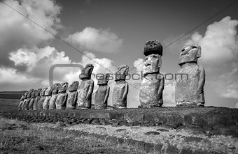 Moais statues, ahu Tongariki, easter island. Black and white pic