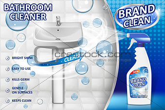 Bathroom cleaners ad poster, spray bottle mockup with liquid detergent for bathroom sink and toilet with bubbles and white background. 3d Vector illustration