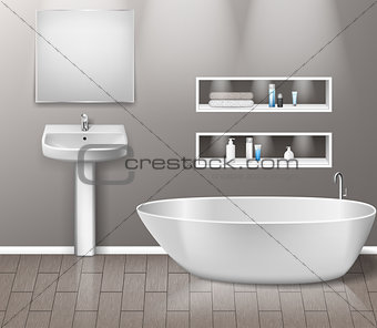 Realistic bathroom furniture interior with modern bathroom sink, mirror, shelves, bathtub and decor elements on grey wall with wooden floor. vector illustration