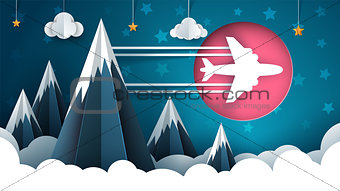Airplane illustration. Cartoon cloud, star, mountain landscape.