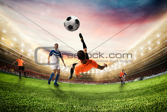 Soccer striker hits the ball with an acrobatic bicycle kick. 3D Rendering