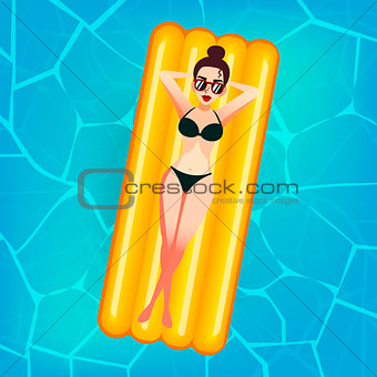Cartoon sweet girl in sun glasses is floating on an inflatable mattress in the pool at private villa. Young woman enjoying suntan. Flat lady in bikini on the pink air mattress. Vacation or summer holidays concept.