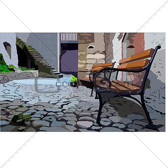 Empty benches in the courtyard of the old city