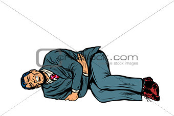 man lies hurts stomach. Isolate on white background