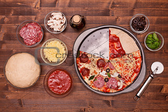 Ingredients and phases of making a delicious pizza