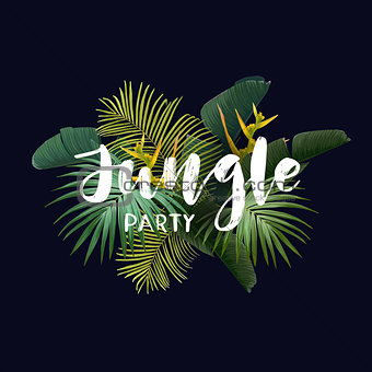 Summer tropical poster with sabal and banana palm leaves, exotic strelitzia flowers and handdrawn integrated inscription. Vector illustration.