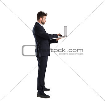 Businessman connected on internet network with his laptop. Isolated on white background