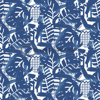 Floral motif background texture. Blue seamless pattern.