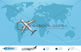 Business trip banner with Airplane and world map background. Realistic Aircraft travel concept. Flight travel world map vector illustration