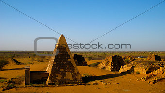 Panorama of Meroe pyramids in the desert at sunset, Sudan,