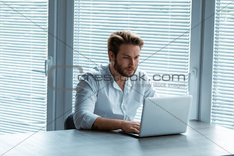 Serious young businessman working on a laptop