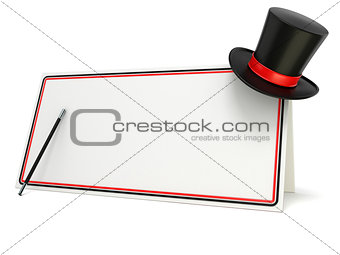 Magic wand and hat on blank board with black and red border. 3D