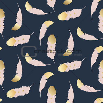 Blush pink feathers with gold endings seamless pattern.