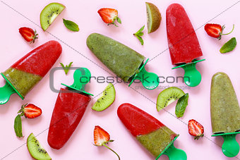 organic homemade fruit ice cream - strawberry and kiwi fruit