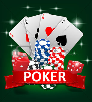 Casino Gambling Poker background design. Poker banner with chips, playing cards and dice. Online Casino Banner on green background. Vector illustration.