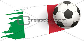 Soccer ball strike flight against background of italy flag