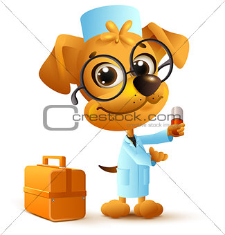 Yellow funny dog doctor in uniform holding pill
