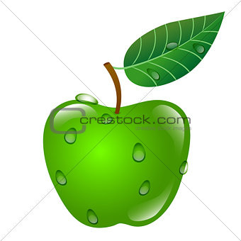 Green Apple with sprig and leaf and dew isolated on white backgr
