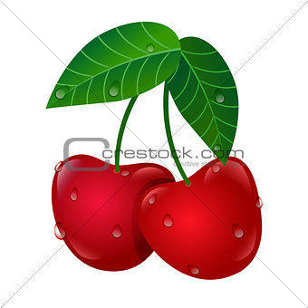 Two red cherries with twigs and leaves and dew isolated on white