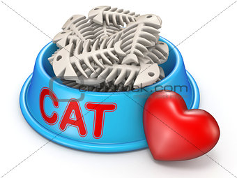 Cat food bowl and red heart 3D rendering illustration on white b