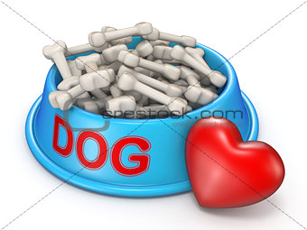 Dog food bowl and red heart 3D rendering illustration on white b