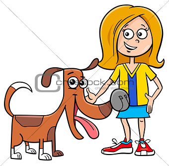 kid girl with funny dog cartoon illustration
