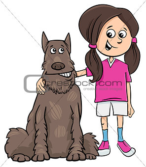 kid girl with dog cartoon illustration