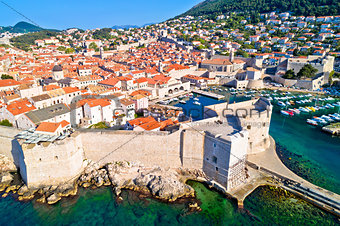 Town of Dubrovnik city walls UNESCO world heritage site aerial v