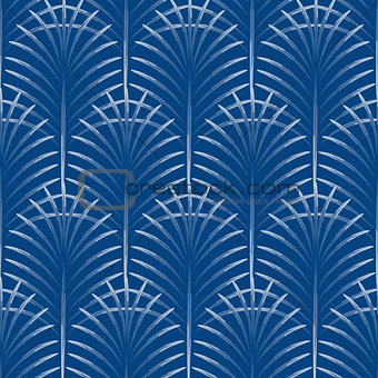 Art deco palm leaves geometry arch blue seamless pattern.