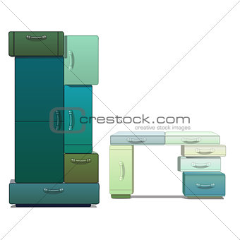 The wardrobe and Desk consists of modules isolated on a white background. Vector cartoon close-up illustration.