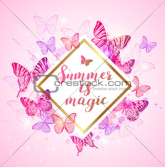 Summer background with pink and violet butterflies.
