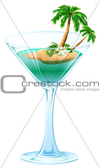 Summer refreshing cocktail tropical island with palm tree
