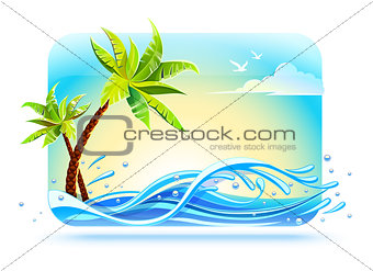 Tropical palms on beach among sea waves