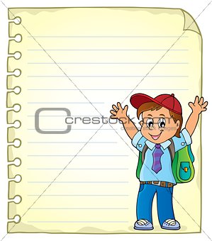 Notepad page with happy pupil boy