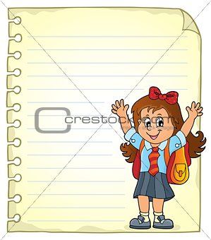 Notepad page with happy pupil girl