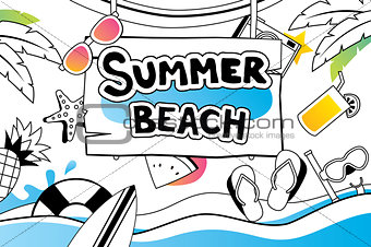 Summer doodle symbol and objects icon design for beach party bac