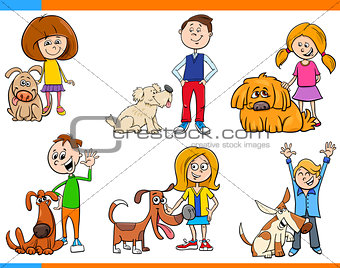 children with dogs cartoon set