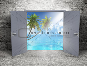 3D grunge room interior with open door looking out to a tropical