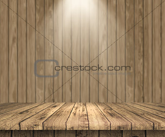 3D wooden table looking out to a wooden wall with spotlight shin