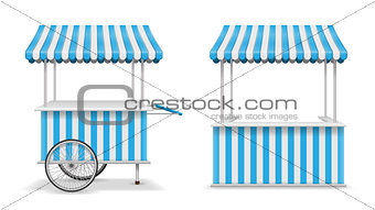 Realistic set of street food kiosk and cart with wheels. Mobile blue market stall template. Farmer kiosk shop mockup. Vector illustration