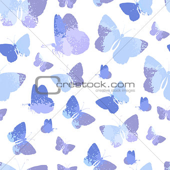 Seamless pattern with blue silhouettes watercolor butterflies isolated on white background.